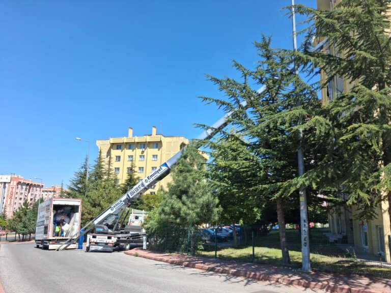 Ağaçların bulunduğu sokakta apartmana uzanan taşıma asansörü